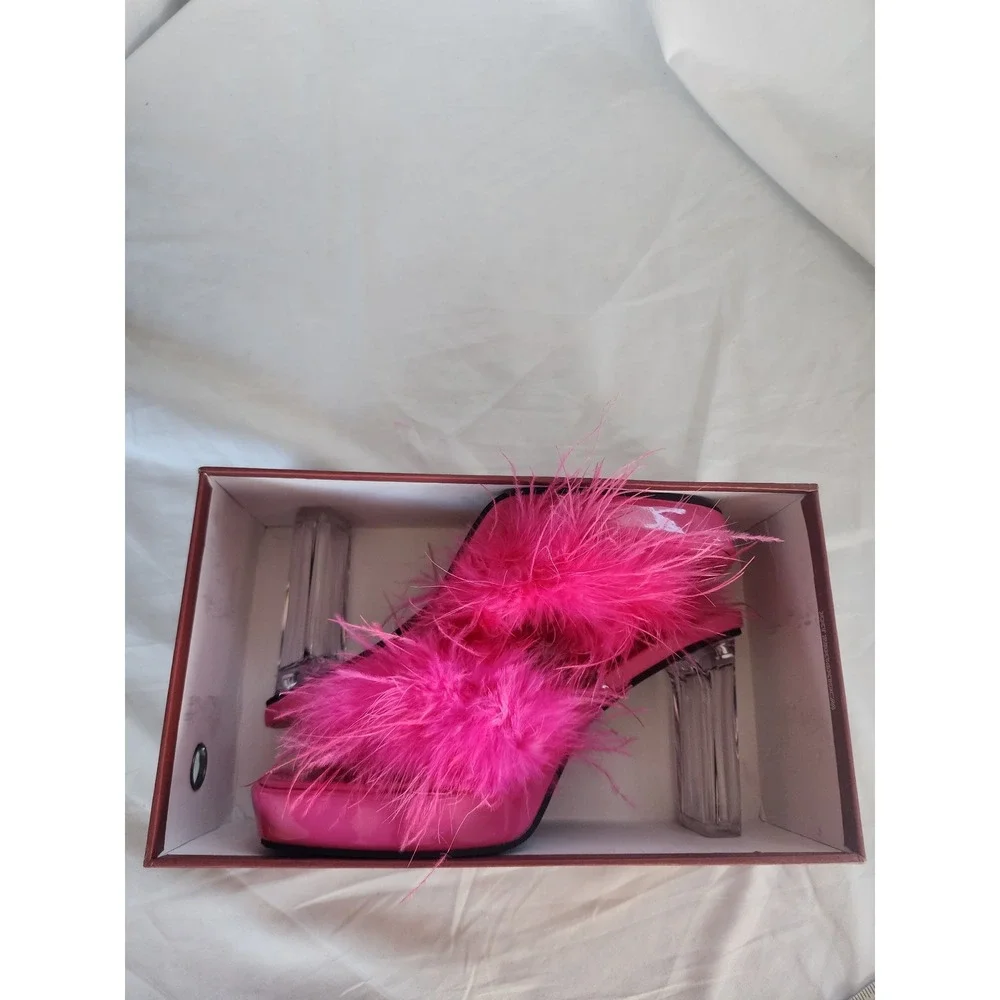 LIURUIJIA Pink Feather Platform Sandals Clear Block Heel Y2K Barbiecore Mules 39